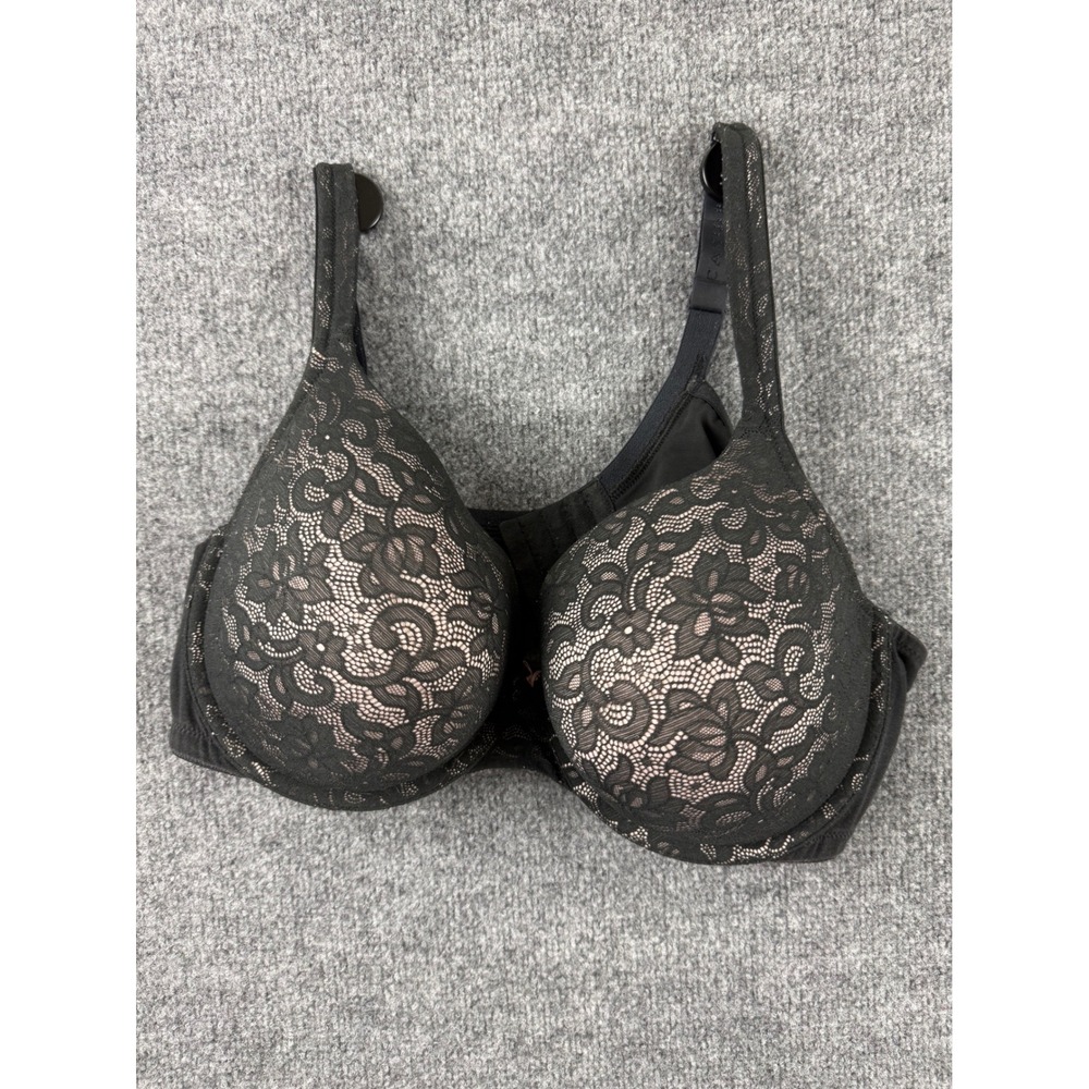 Cacique Black Floral Lace Overlay Underwire Bra Lined 46C EUC Comfortable